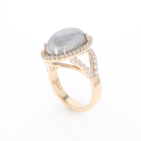 Meteorite Ring Oval Cabochon 0.65ctw Round Diamonds Halo