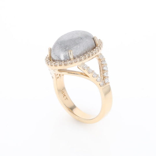 Meteorite Ring Oval Cabochon 0.65ctw Round Diamonds Halo