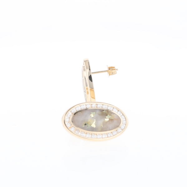 Gold Quartz Earrings Oval Inlaid Design .73ctw Round Diamonds Halo G2