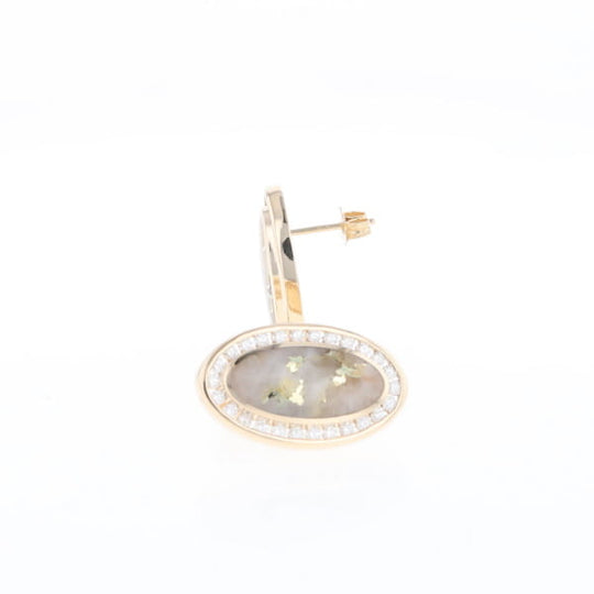 Gold Quartz Earrings Oval Inlaid Design .73ctw Round Diamonds Halo G2