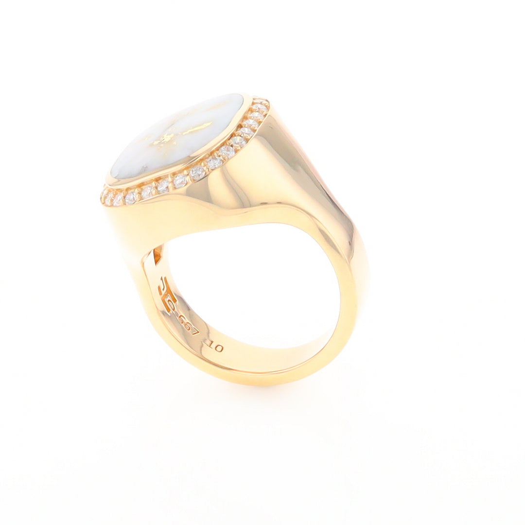 Gold Quartz Cushion Inlaid Men's Ring with Diamond Halo