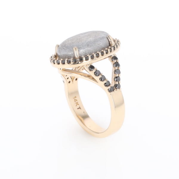 Meteorite Ring Oval Cabochon 0.65ctw Round Black Diamonds Halo