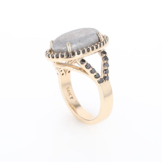Meteorite Ring Oval Cabochon 0.65ctw Round Black Diamonds Halo