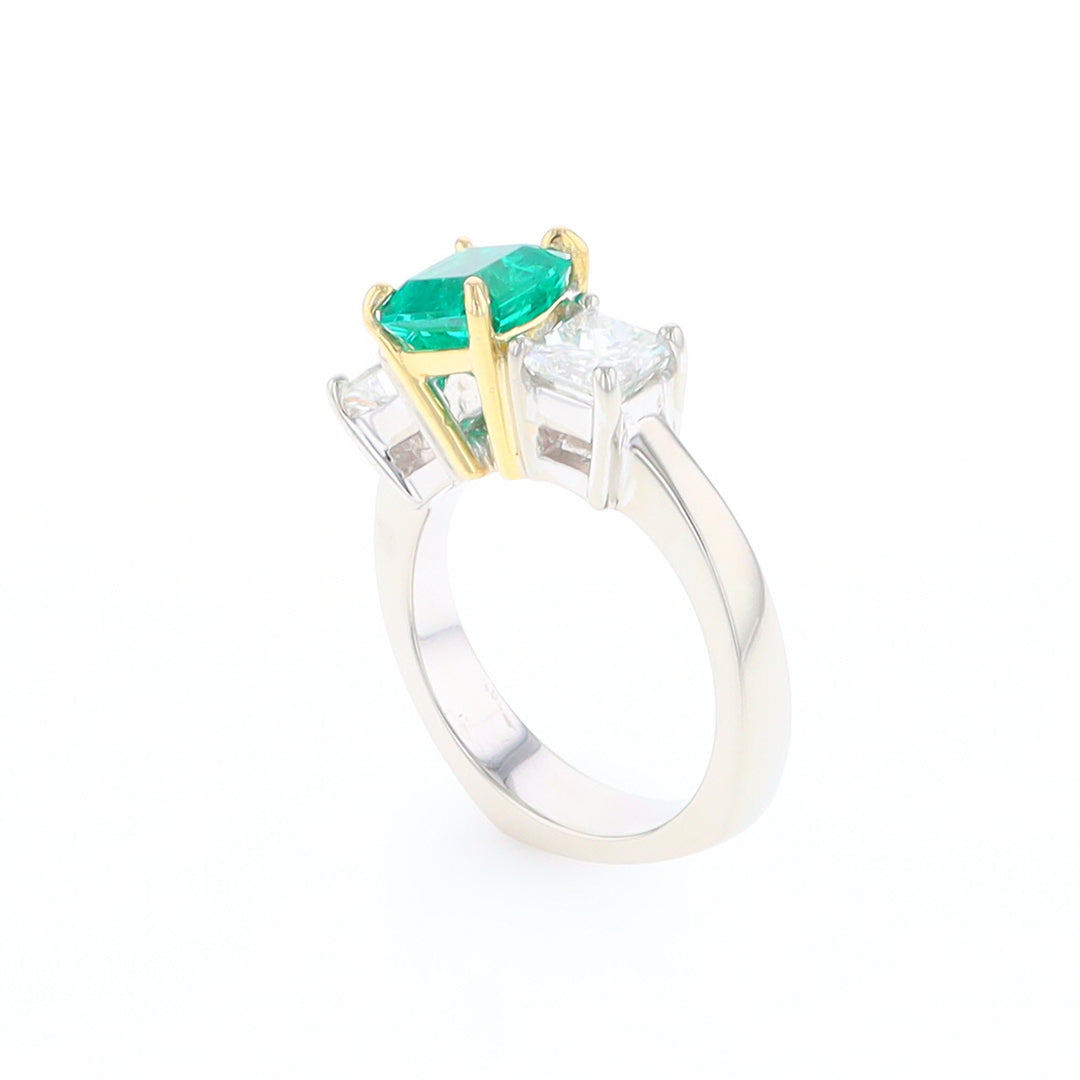 Three-Stone-Row Emerald and Diamond Ring