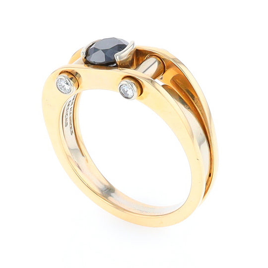 Men's Contemporary White and Yellow Gold Industrial Black Diamond Ring