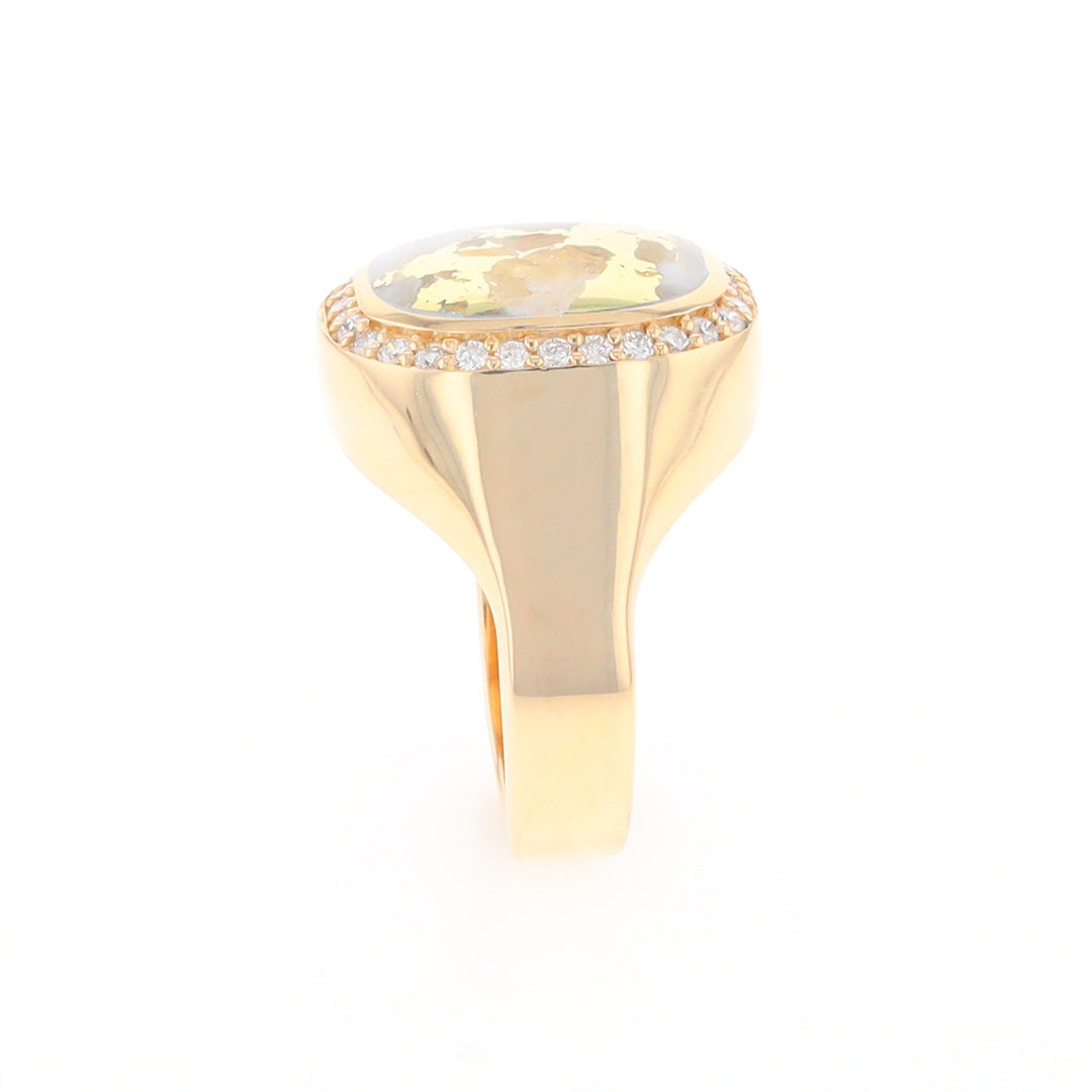 Gold Quartz Cushion Inlaid Men's Ring with Diamond Halo