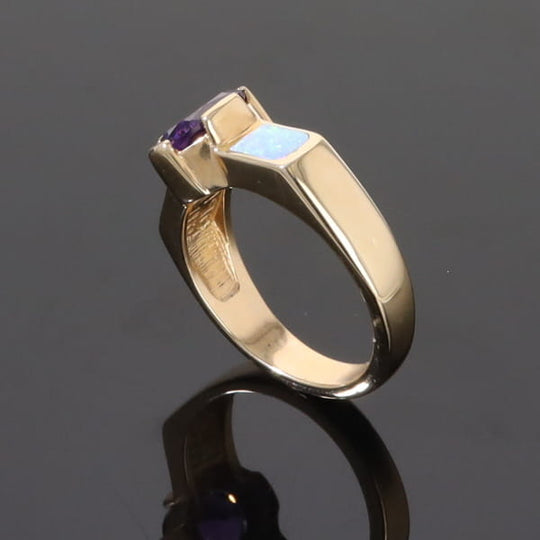 Opal Rings 2 Section Inlaid Design with Oval Amethyst Center