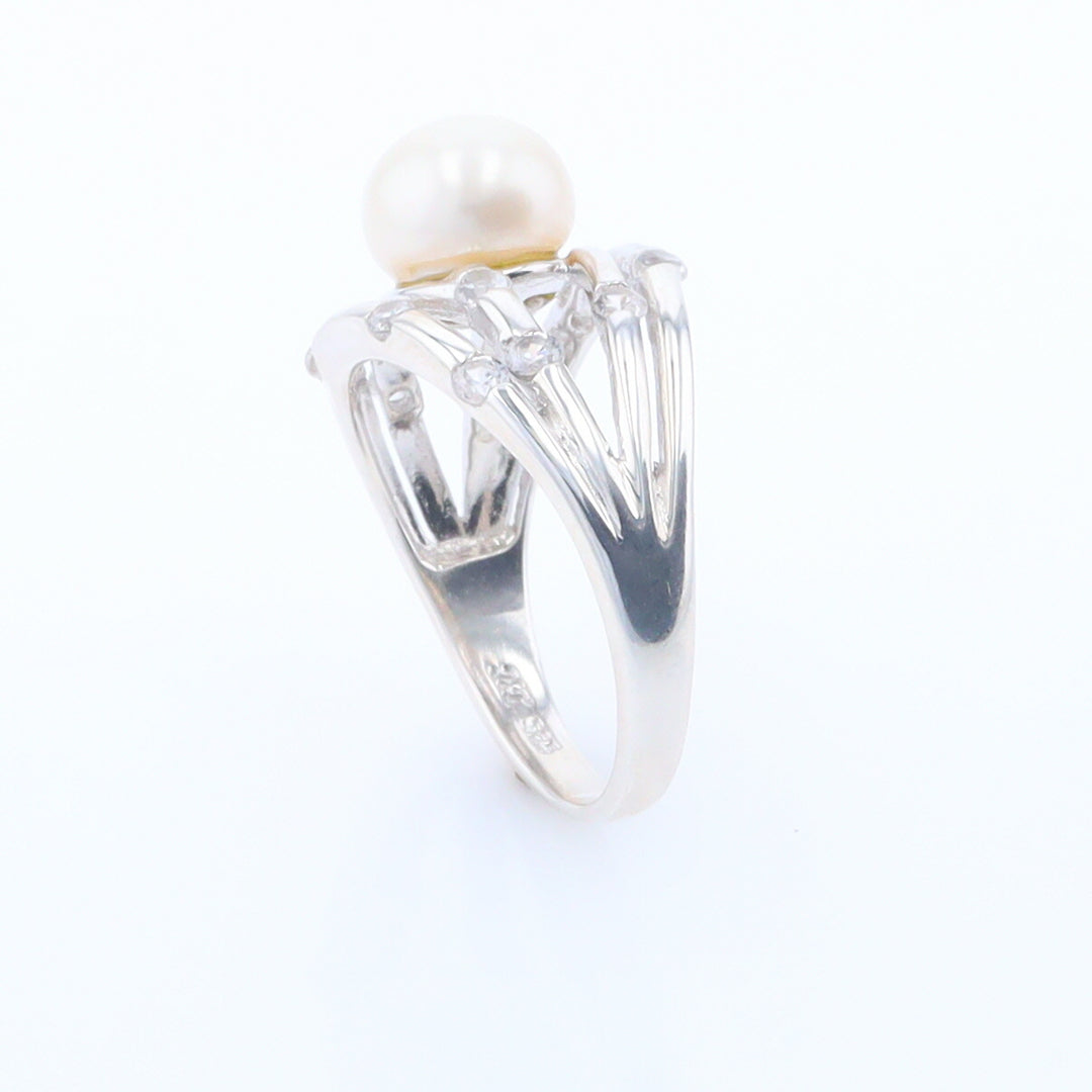 Pearl Bamboo Ring with Cubic Zirconia Accents