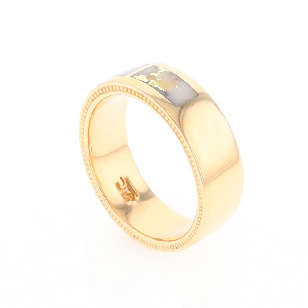 Gold Quartz Ring 3 Section Rectangle Inlaid Band with Milgrain Design