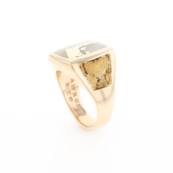 Gold Quartz Ring Double Side Natural Nuggets Rectangle Inlaid Center G1