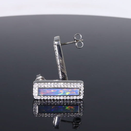 Opal Earrings Rectangle Inlaid with .50ctw Round Diamond Halo Studs