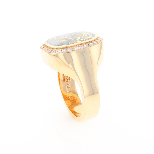 Gold Quartz Cushion Inlaid Men's Ring with Diamond Halo