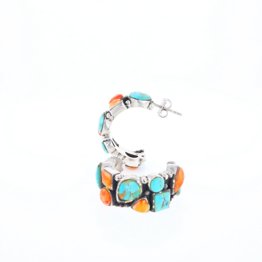 Turquoise & Spiny Oyster Semi-Hoop Stud Earrings