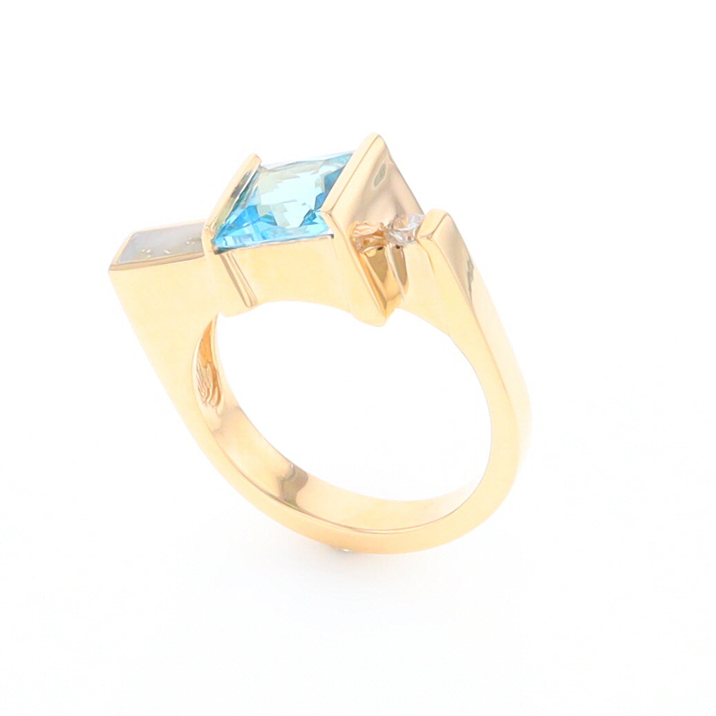 Gold Quartz Ring Rectangle Inlay Swiss Blue Topaz .06ct Round Diamond