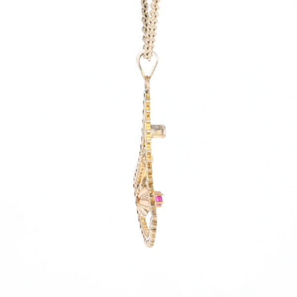 Vintage Buttercup Dangle Ruby Scrollwork Pendant