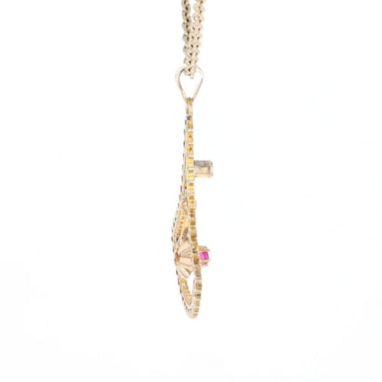 Vintage Buttercup Dangle Ruby Scrollwork Pendant