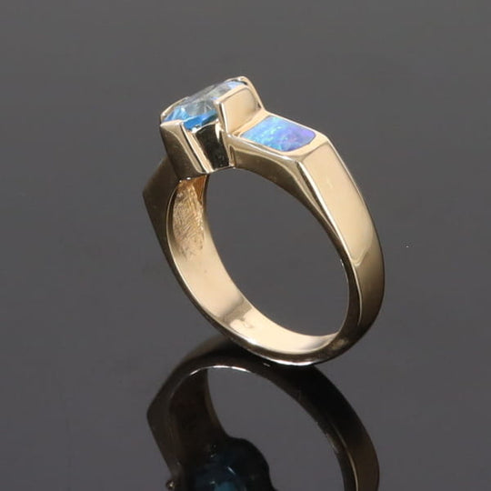 Opal Rings 2 Section Inlaid Design with Oval Swiss Blue Topaz Center