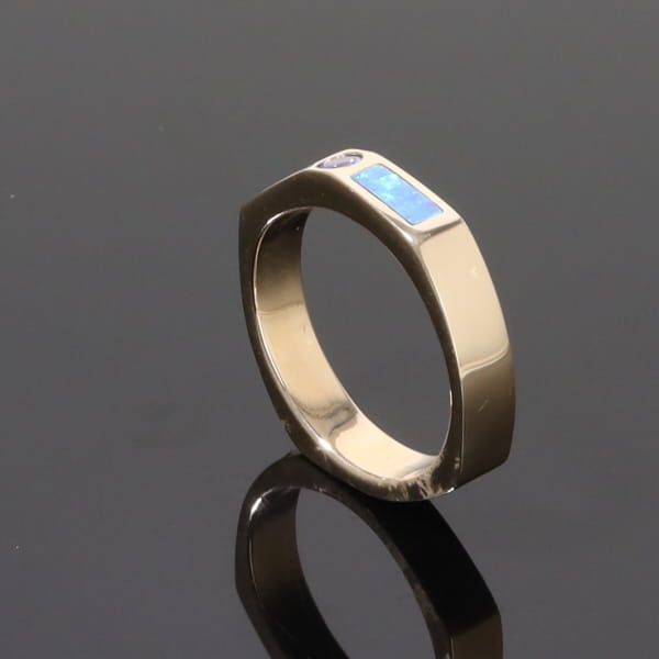 Opal Rings 2 Section Inlaid Design with Round Tanzanite