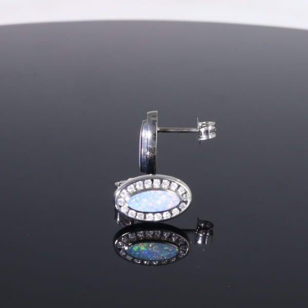 Opal Earrings Oval Inlaid with .25ctw Round Diamond Halo Studs