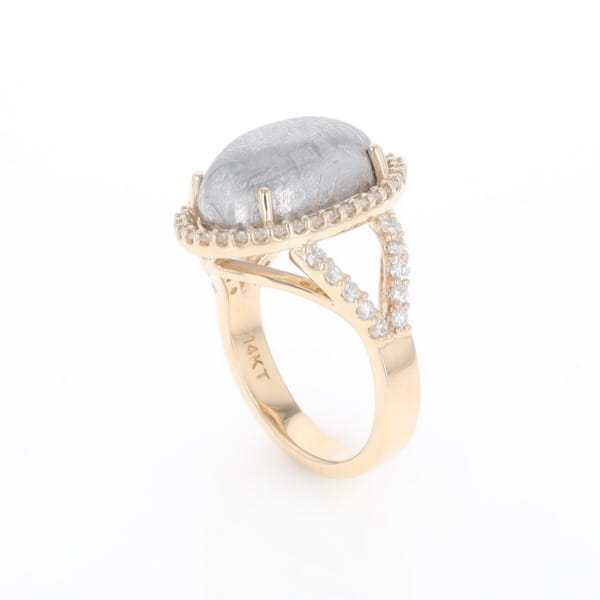 Meteorite Ring Oval Cabochon 0.65ctw Round Diamonds Halo