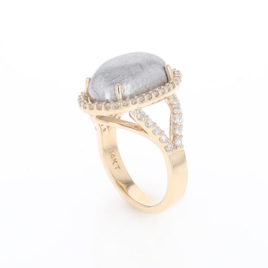 Meteorite Ring Oval Cabochon 0.65ctw Round Diamonds Halo