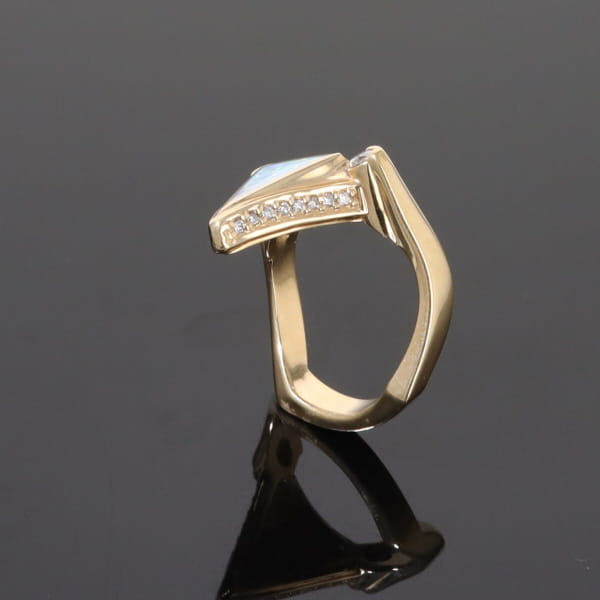 Opal Rings Triangle Inlaid Design with .31ctw Round Diamonds