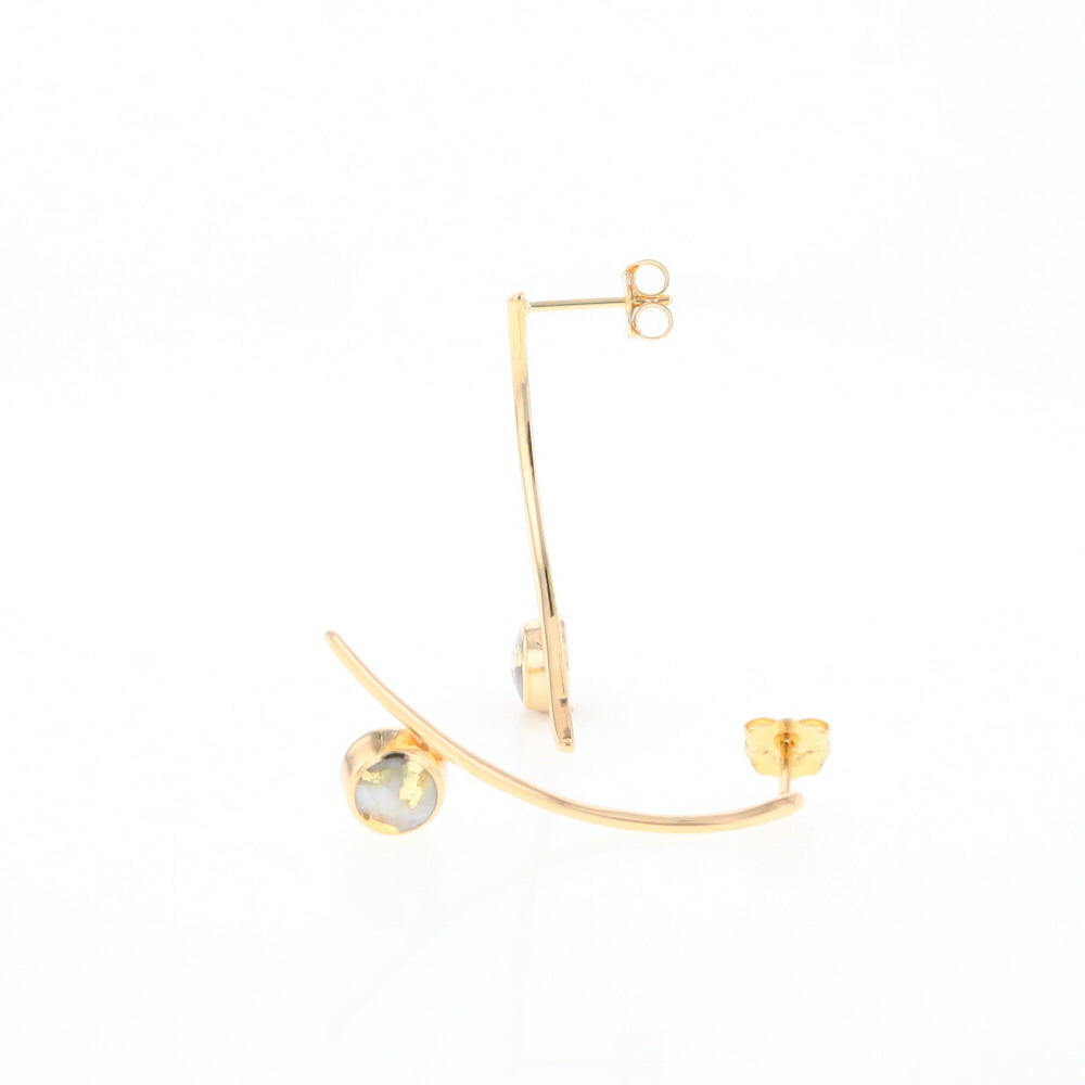 Gold Quartz Earrings Round Inlaid Curved Bar Design