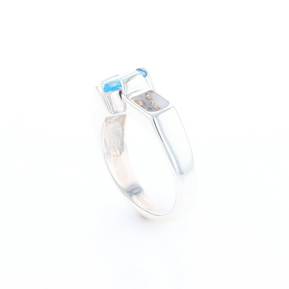 Sterling Silver Gold Quartz Inlaid Oval Blue Topaz Ring - G3