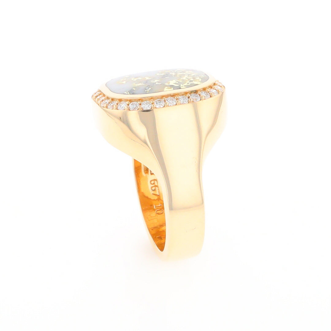 Gold Quartz Cushion Inlaid Men's Ring with Diamond Halo