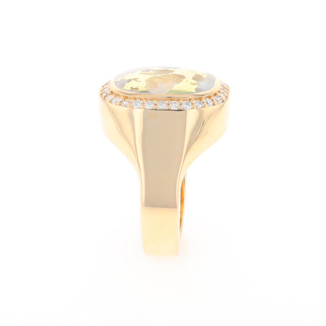 Gold Quartz Cushion Inlaid Men's Ring with Diamond Halo