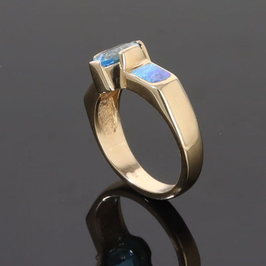 Opal Rings 2 Section Inlaid Design with Oval Swiss Blue Topaz Center