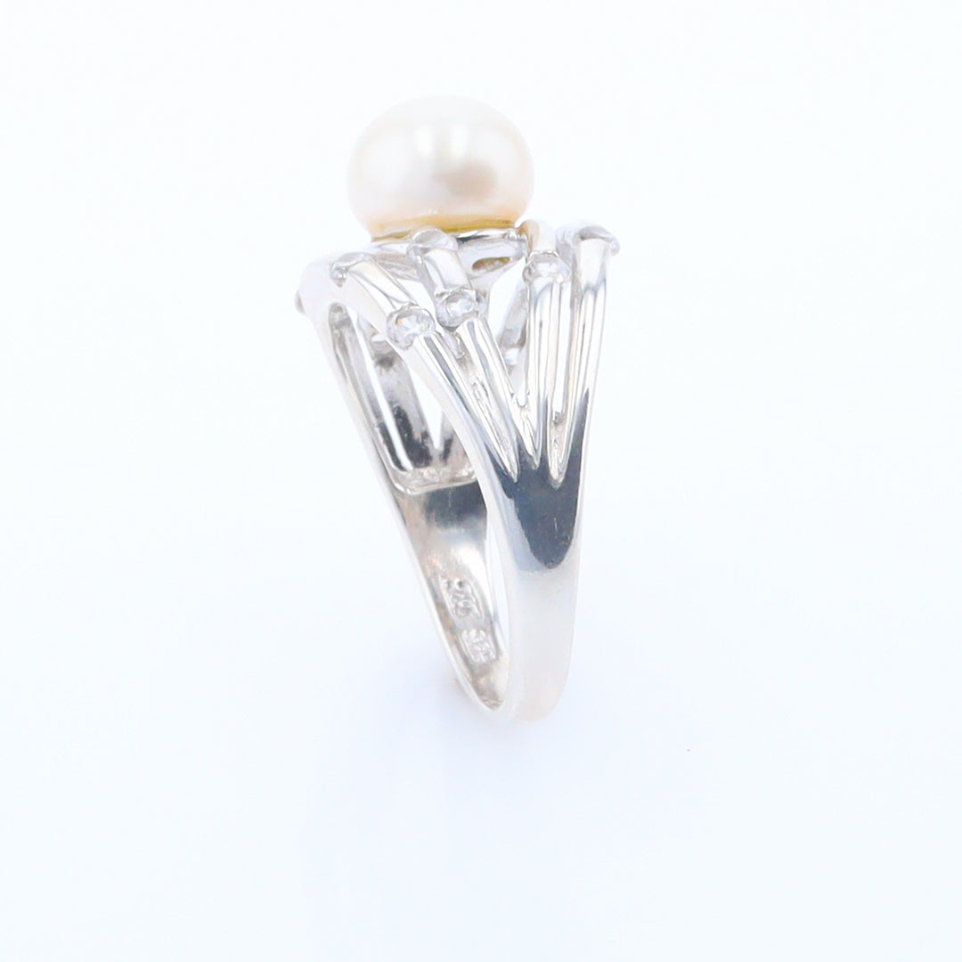 Pearl Bamboo Ring with Cubic Zirconia Accents