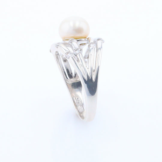 Pearl Bamboo Ring with Cubic Zirconia Accents