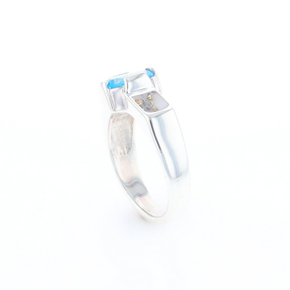 Sterling Silver Gold Quartz Inlaid Oval Blue Topaz Ring - G3