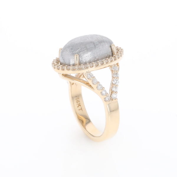Meteorite Ring Oval Cabochon 0.65ctw Round Diamonds Halo