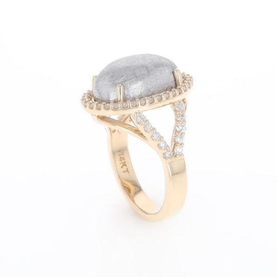 Meteorite Ring Oval Cabochon 0.65ctw Round Diamonds Halo