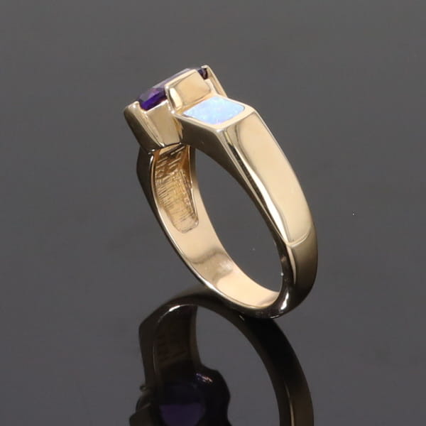 Opal Rings 2 Section Inlaid Design with Oval Amethyst Center