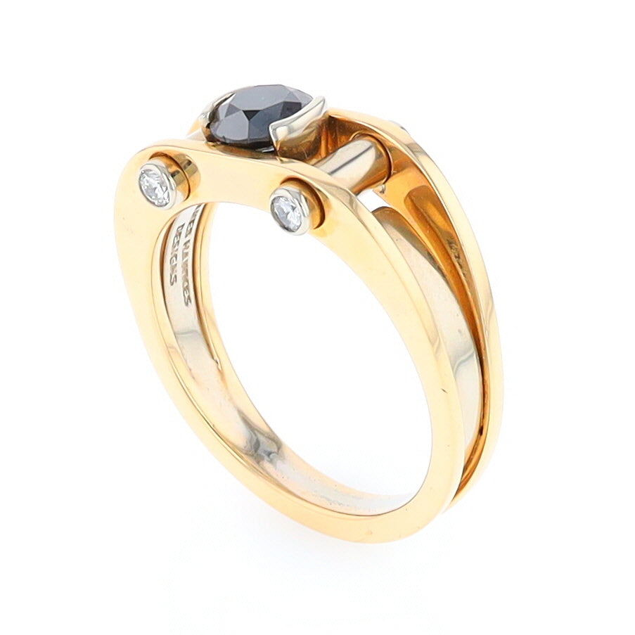 Men's Contemporary White and Yellow Gold Industrial Black Diamond Ring