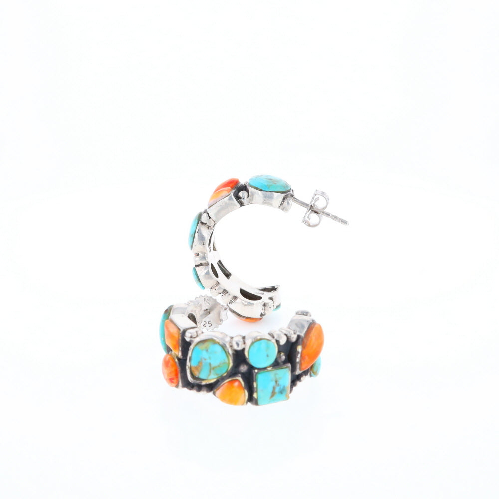 Turquoise & Spiny Oyster Semi-Hoop Stud Earrings