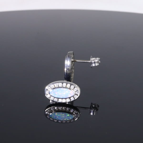 Opal Earrings Oval Inlaid with .25ctw Round Diamond Halo Studs