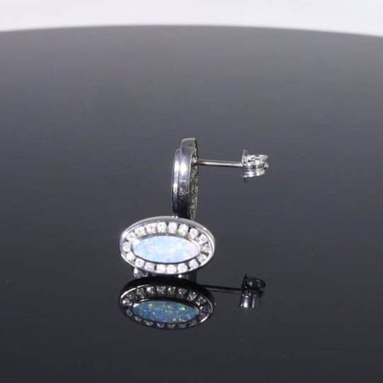 Opal Earrings Oval Inlaid with .25ctw Round Diamond Halo Studs
