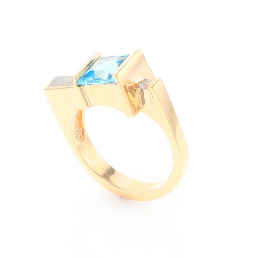 Gold Quartz Ring Rectangle Inlay Swiss Blue Topaz .06ct Round Diamond