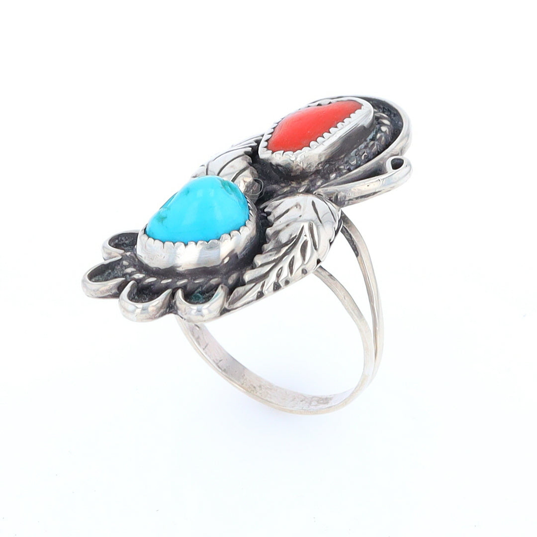 Freeform Turquoise and Coral Sterling Silver Double Leaf Ring