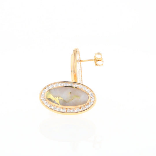 Gold Quartz Earrings Oval Inlaid Design .73ctw Round Diamonds Halo