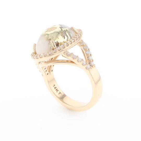Gold Quartz Ring Oval Cabochon 0.65ctw Round Diamonds Halo