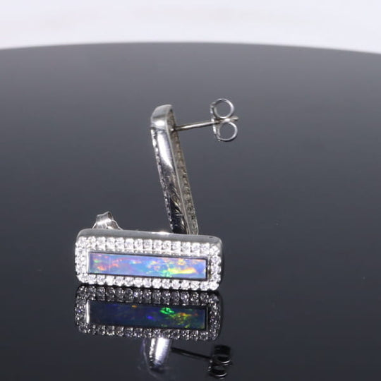 Opal Earrings Rectangle Inlaid with .50ctw Round Diamond Halo Studs