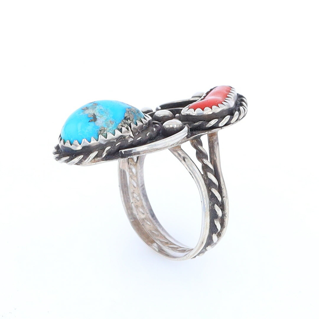 Freeform Turquoise and Coral Silver Rope Ring