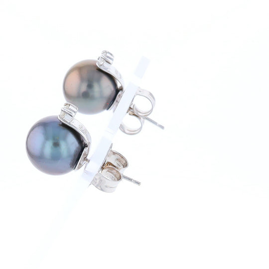 Cultured Gray Pearl Stud White Gold Earrings with Diamond Accent