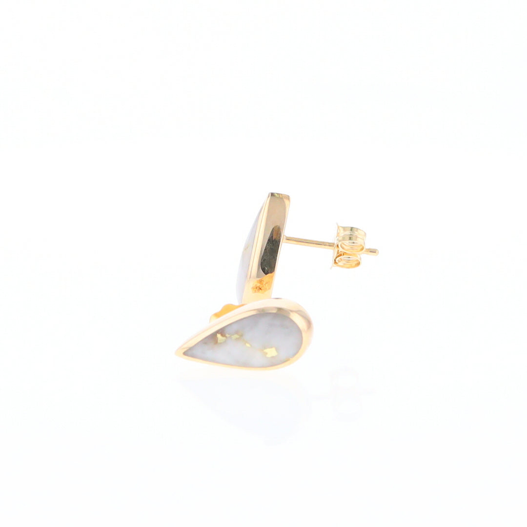 Gold Quartz Earrings Tear Drop Inlaid Studs