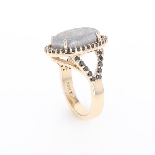 Meteorite Ring Oval Cabochon 0.65ctw Round Black Diamonds Halo